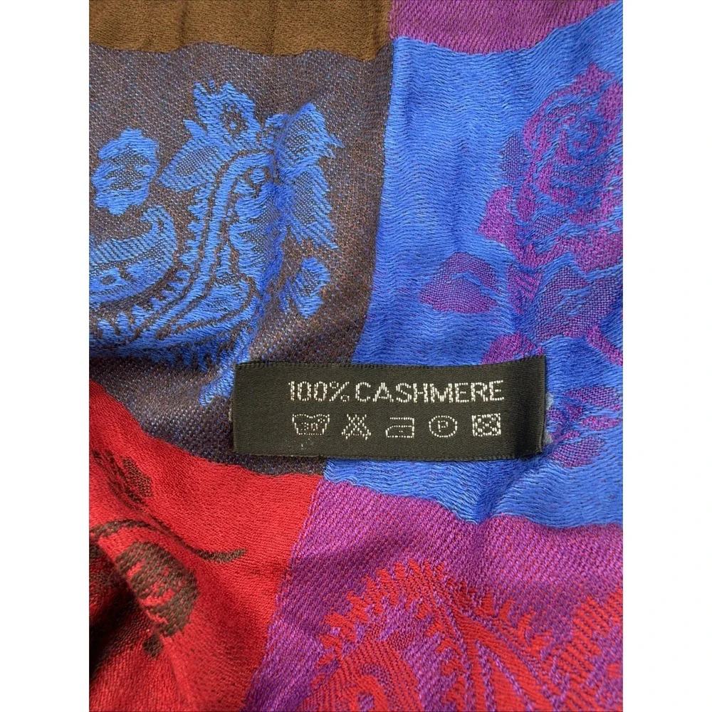100% Cashmere Shawl Wrap Patchwork Rose Paisley Scarf Fringed Quiet Luxury 80x26
